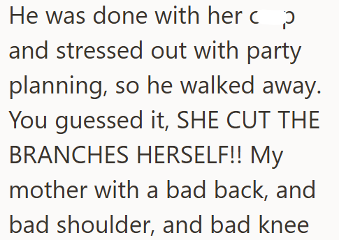 He was done with her c p and stressed out with party planning, so he walked away. You guessed it, SHE CUT THE BRANCHES HERSELF!! My mother with a bad back, and bad shoulder, and bad knee