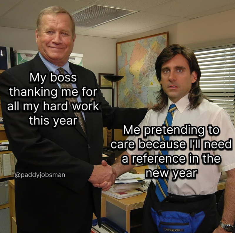 My boss thanking me for all my hard work this year @paddyjobsman Me pretending to care because I'll need a reference in the new year