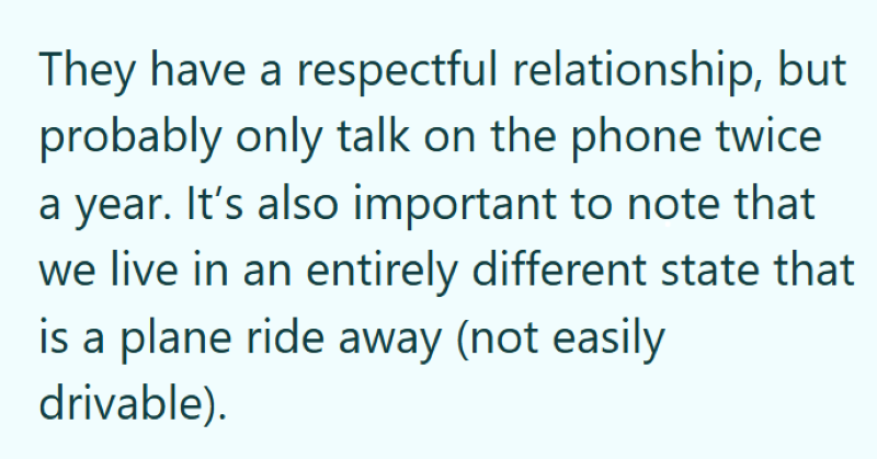 They have a respectful relationship, but probably only talk on the phone twice a year. It's also important to note that we live in an entirely different state that is a plane ride away (not easily drivable).