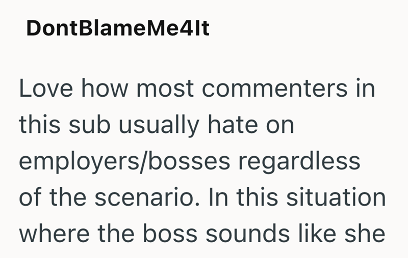 DontBlame Me4lt Love how most commenters in this sub usually hate on employers/bosses regardless of the scenario. In this situation where the boss sounds like she