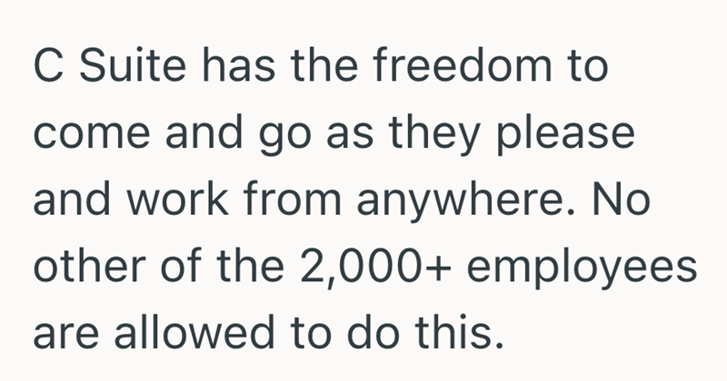 C Suite has the freedom to come and go as they please. and work from anywhere. No other of the 2,000+ employees are allowed to do this.