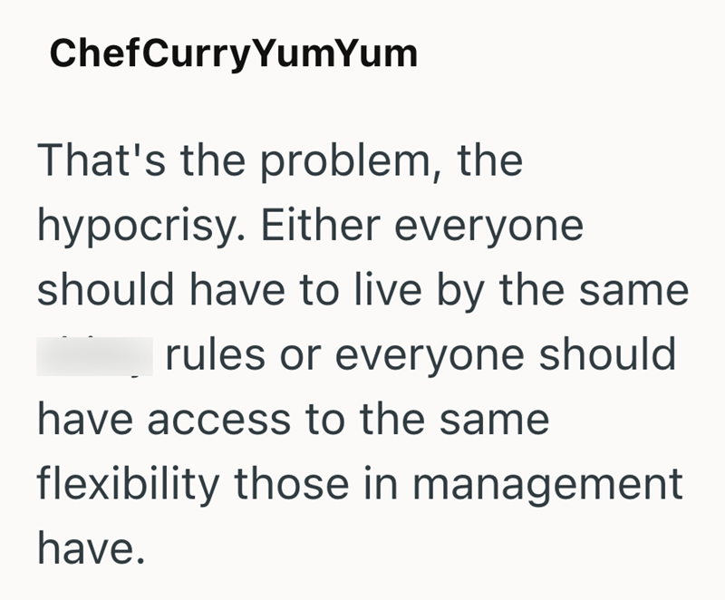 ChefCurry YumYum That's the problem, the hypocrisy. Either everyone should have to live by the same rules or everyone should have access to the same flexibility those in management have.