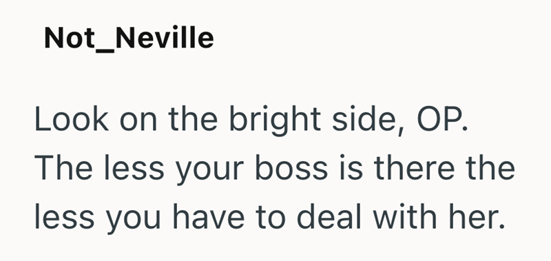 Not_Neville Look on the bright side, OP. The less your boss is there the less you have to deal with her.