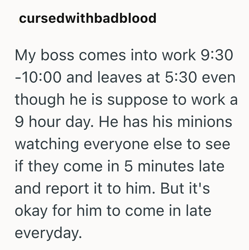 cursedwithbadblood My boss comes into work 9:30 -10:00 and leaves at 5:30 even though he is suppose to work a 9 hour day. He has his minions watching everyone else to see if they come in 5 minutes late and report it to him. But it's okay for him to come in late everyday.