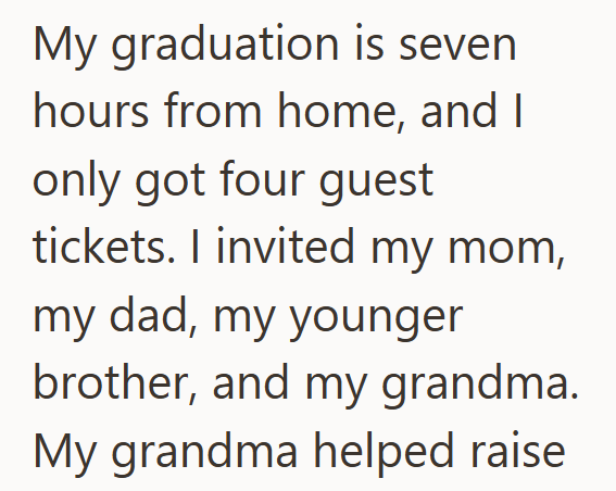 My graduation is seven hours from home, and I only got four guest tickets. I invited my mom, my dad, my younger brother, and my grandma. My grandma helped raise