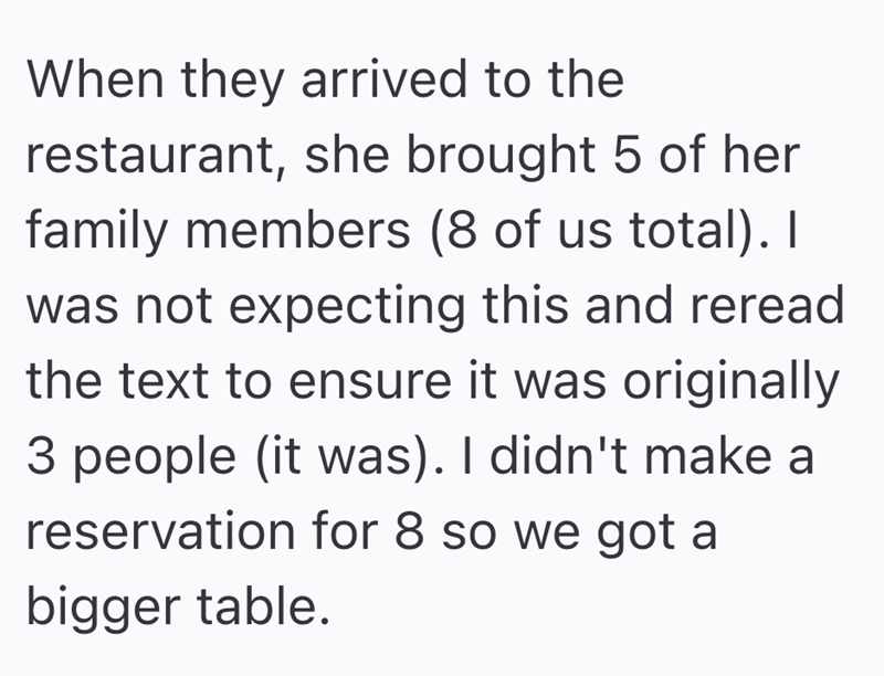 When they arrived to the restaurant, she brought 5 of her family members (8 of us total). I was not expecting this and reread the text to ensure it was originally 3 people (it was). I didn't make a reservation for 8 so we got a bigger table.