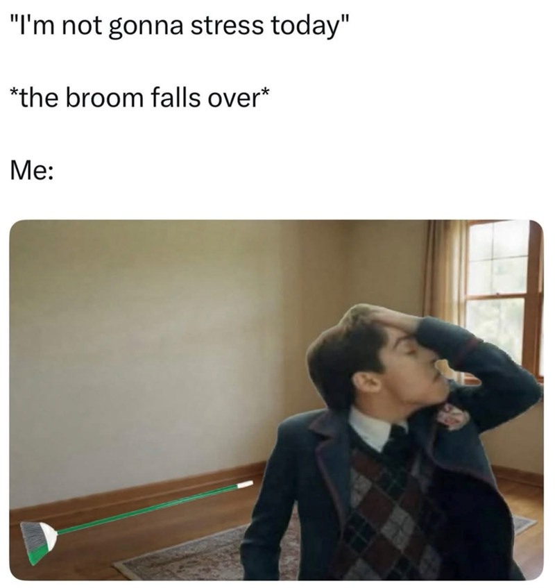 "I'm not gonna stress today" *the broom falls over* Me: