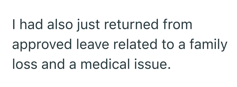 I had also just returned from approved leave related to a family loss and a medical issue.