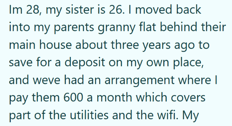 Im 28, my sister is 26. I moved back into my parents granny flat behind their main house about three years ago to save for a deposit on my own place, and weve had an arrangement where I pay them 600 a month which covers part of the utilities and the wifi. My