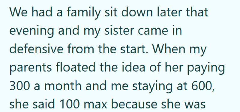 We had a family sit down later that evening and my sister came in defensive from the start. When my parents floated the idea of her paying 300 a month and me staying at 600, she said 100 max because she was