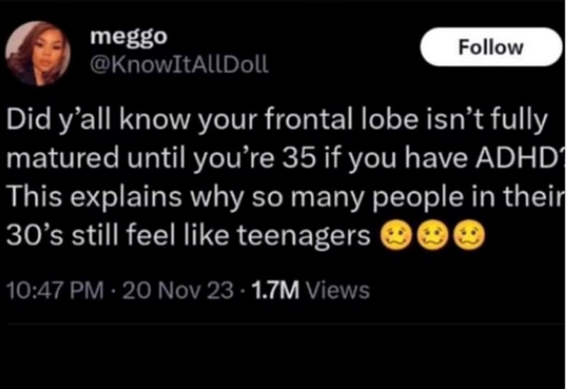 meggo Follow @KnowItAllDoll Did y'all know your frontal lobe isn't fully matured until you're 35 if you have ADHD This explains why so many people in their 30's still feel like teenagers 10:47 PM - 20 Nov 23. 1.7M Views