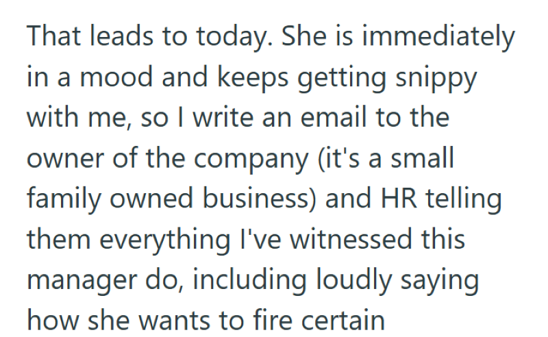 That leads to today. She is immediately in a mood and keeps getting snippy with me, so I write an email to the owner of the company (it's a small family owned business) and HR telling them everything I've witnessed this manager do, including loudly saying how she wants to fire certain