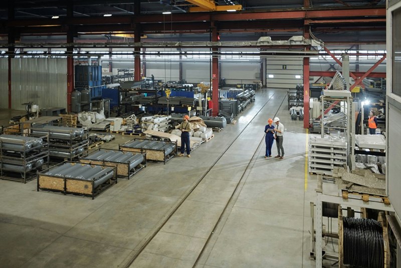 An overhead view of a metal works plant.