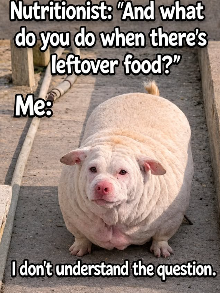 Nutritionist: "And what do you do when there's leftover food?" Me: I don't understand the question.