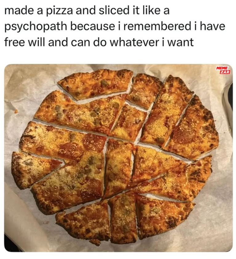 made a pizza and sliced it like a psychopath because i remembered i have free will and can do whatever i want MEME ZAR