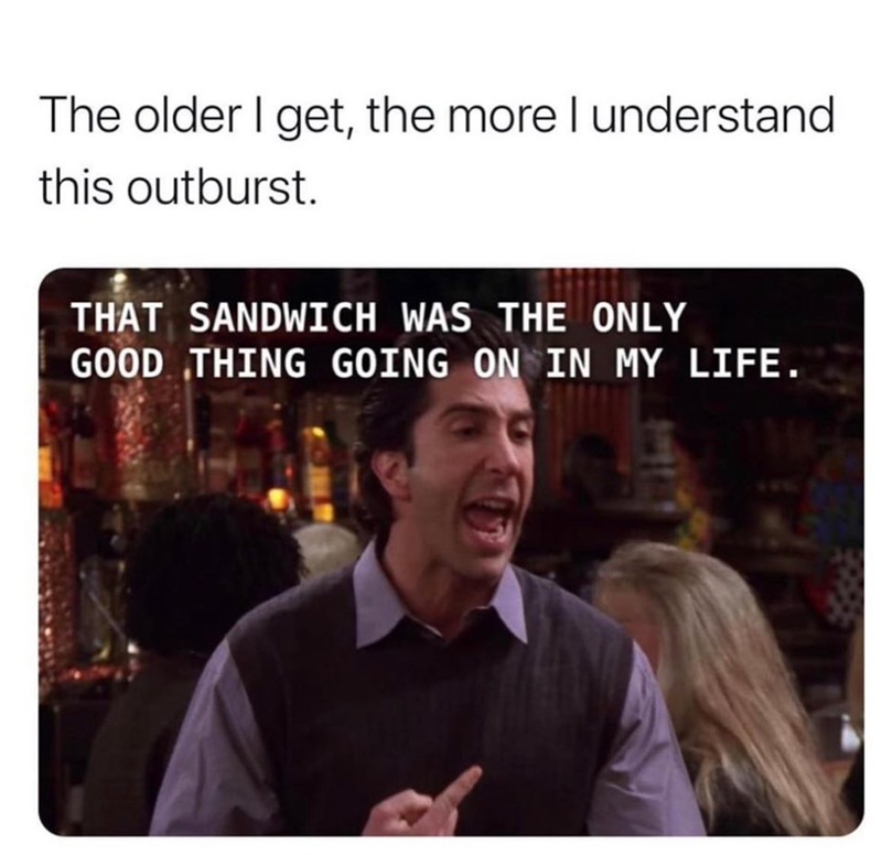 The older I get, the more I understand this outburst. THAT SANDWICH WAS THE ONLY GOOD THING GOING ON IN MY LIFE.