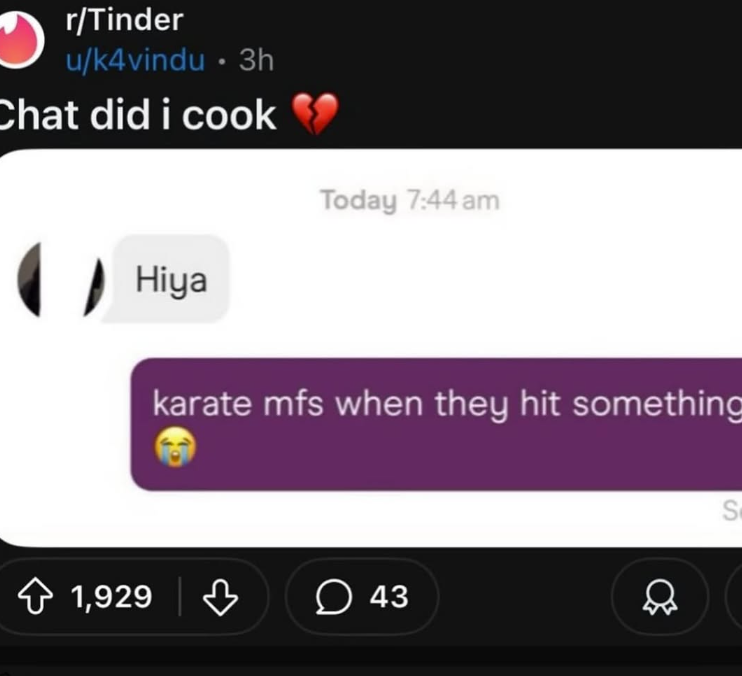 r/Tinder u/k4vindu • 3h Chat did i cook ❤ Today 7:44 am Hiya karate mfs when they hit something 1,929 43 S