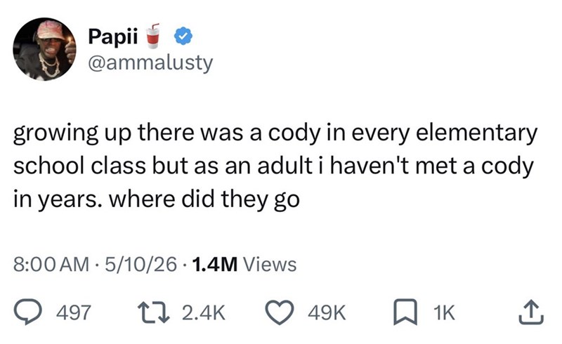 Papii @ammalusty growing up there was a cody in every elementary school class but as an adult i haven't met a cody in years. where did they go. 8:00 AM 5/10/26 1.4M Views 497 1 2.4K 49K ☐ 1K ↑