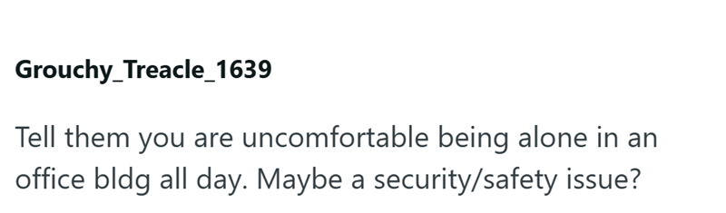 Grouchy Treacle_1639 Tell them you are uncomfortable being alone in an office bldg all day. Maybe a security/safety issue?