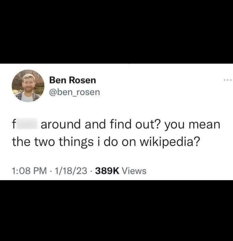Ben Rosen @ben_rosen f around and find out? you mean the two things i do on wikipedia? 1:08 PM 1/18/23 389K Views BRE