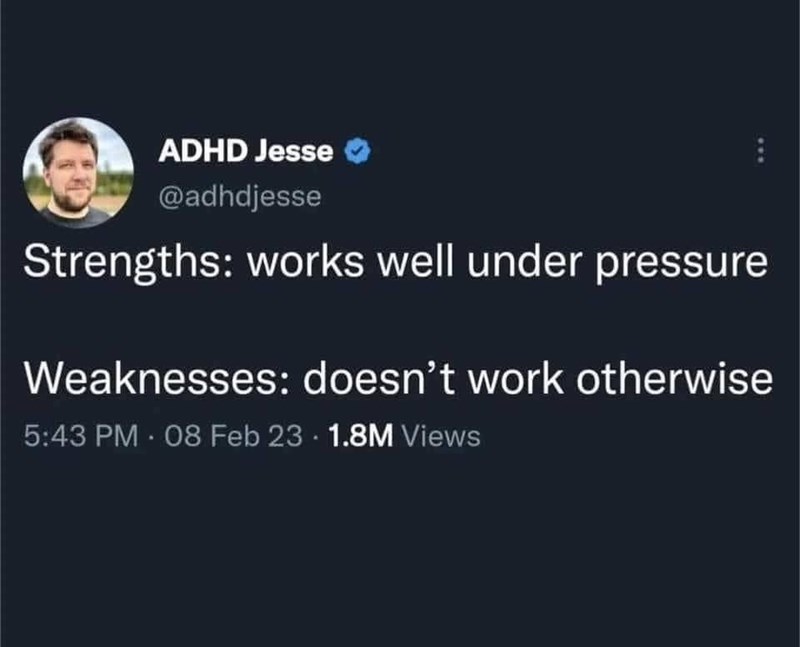ADHD Jesse @adhdjesse Strengths: works well under pressure Weaknesses: doesn't work otherwise 5:43 PM - 08 Feb 23 1.8M Views