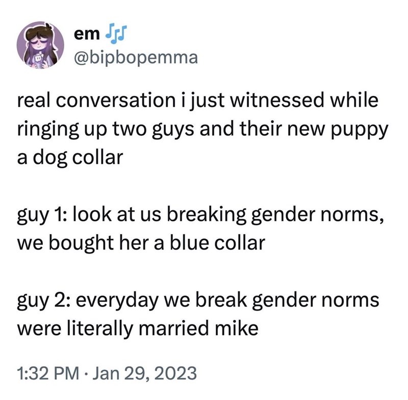 em JJ @bipbopemma real conversation i just witnessed while ringing up two guys and their new puppy a dog collar guy 1: look at us breaking gender norms, we bought her a blue collar guy 2: everyday we break gender norms were literally married mike • 1:32 PM Jan 29, 2023
