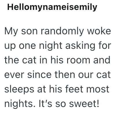 Hellomynameisemily My son randomly woke up one night asking for the cat in his room and ever since then our cat sleeps at his feet most nights. It's so sweet!