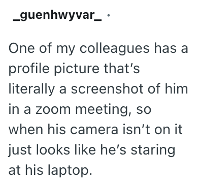 _guenhwyvar_ . One of my colleagues has a profile picture that's literally a screenshot of him in a zoom meeting, so when his camera isn't on it just looks like he's staring at his laptop.