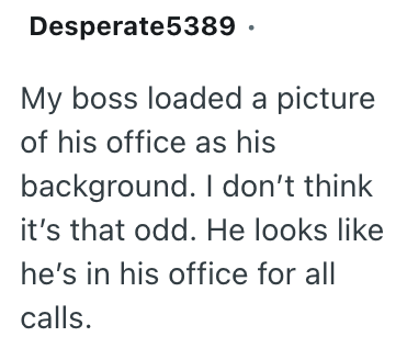 Desperate5389. My boss loaded a picture of his office as his background. I don't think it's that odd. He looks like he's in his office for all calls.