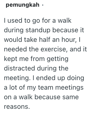 pemungkah⚫ I used to go for a walk during standup because it would take half an hour, I needed the exercise, and it kept me from getting distracted during the meeting. I ended up doing a lot of my team meetings on a walk because same reasons.