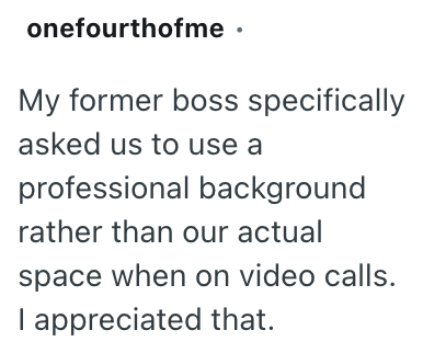 onefourthofme ⚫ My former boss specifically asked us to use a professional background rather than our actual space when on video calls. I appreciated that.