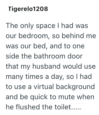 Tigerelo1208 The only space I had was our bedroom, so behind me was our bed, and to one side the bathroom door that my husband would use many times a day, so I had to use a virtual background and be quick to mute when he flushed the toilet.....