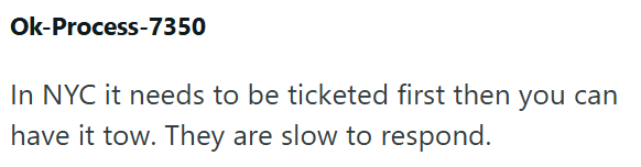 Ok-Process-7350 In NYC it needs to be ticketed first then you can have it tow. They are slow to respond.