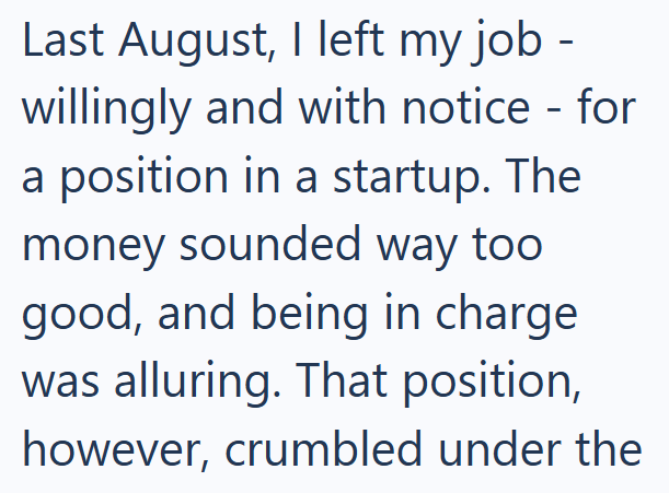 Last August, I left my job - willingly and with notice - for a position in a startup. The money sounded way too good, and being in charge was alluring. That position, however, crumbled under the