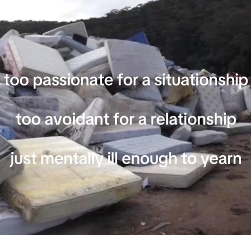 too passionate for a situationship too avoidant for a relationship just mentally ill enough to yearn