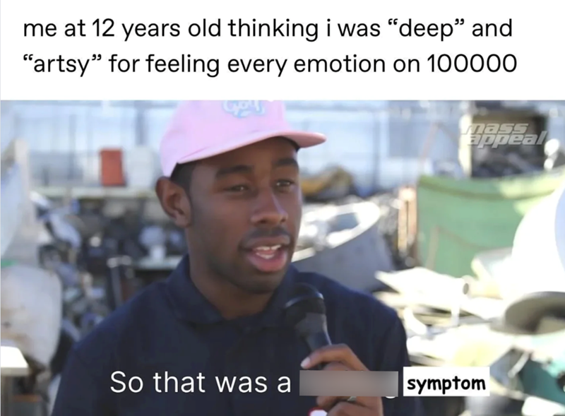 me at 12 years old thinking i was "deep" and "artsy" for feeling every emotion on 100000 mass appeal So that was a symptom