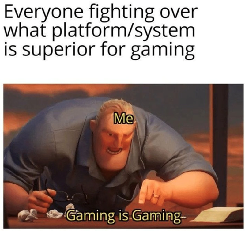 Everyone fighting over what platform/system is superior for gaming Me Gaming is Gaming-