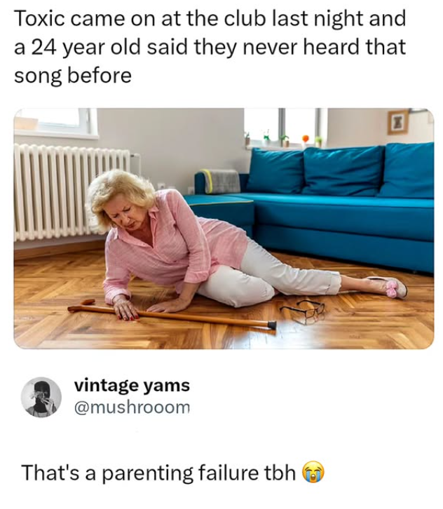 Toxic came on at the club last night and a 24 year old said they never heard that song before vintage yams @mushrooom That's a parenting failure tbh