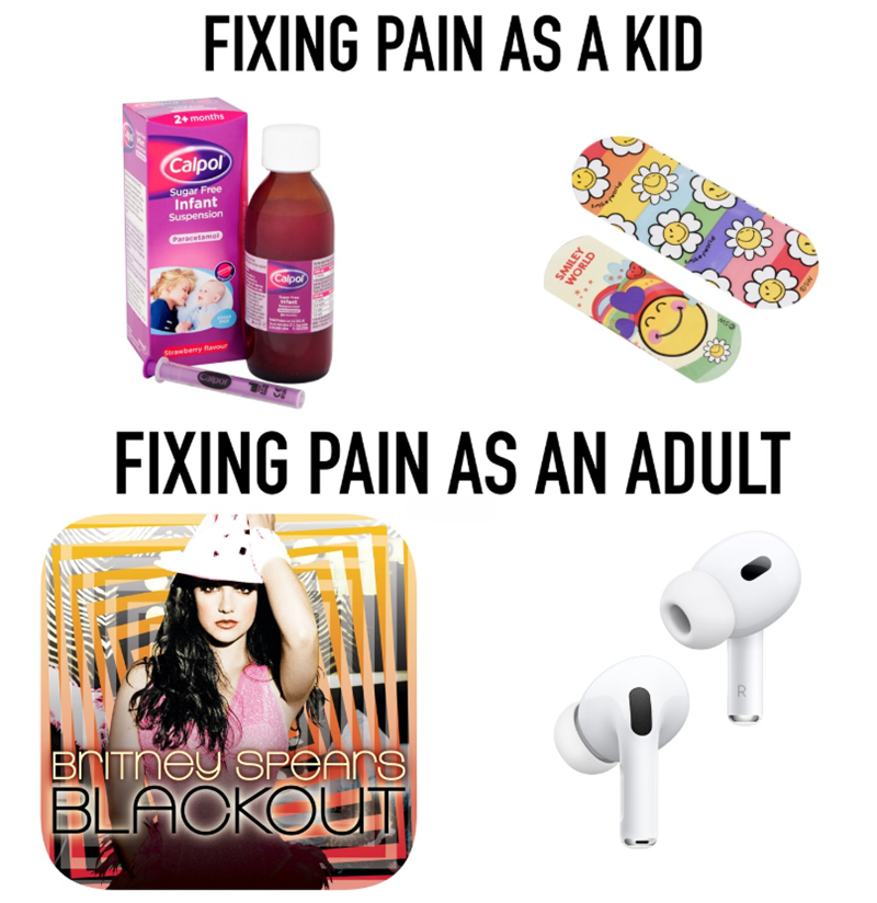 FIXING PAIN AS A KID 2+ months Calpol Sugar Free Infant Suspension Paracetamol Strawberry flavour Calpol SMILEY WORLD FIXING PAIN AS AN ADULT Britney Spears BLACKOUT SW
