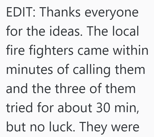 EDIT: Thanks everyone for the ideas. The local fire fighters came within minutes of calling them and the three of them tried for about 30 min, but no luck. They were