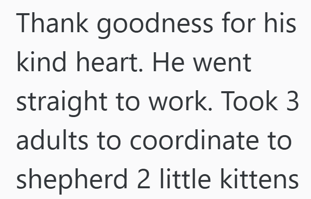 Thank goodness for his kind heart. He went straight to work. Took 3 adults to coordinate to shepherd 2 little kittens