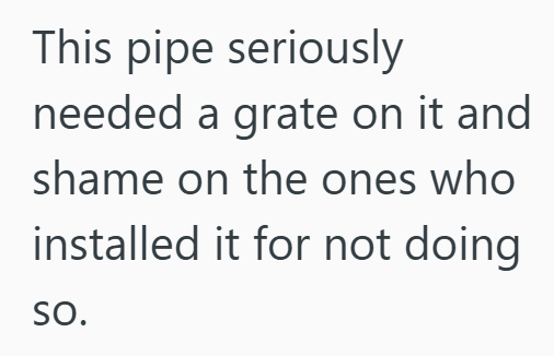 This pipe seriously needed a grate on it and shame on the ones who installed it for not doing So.