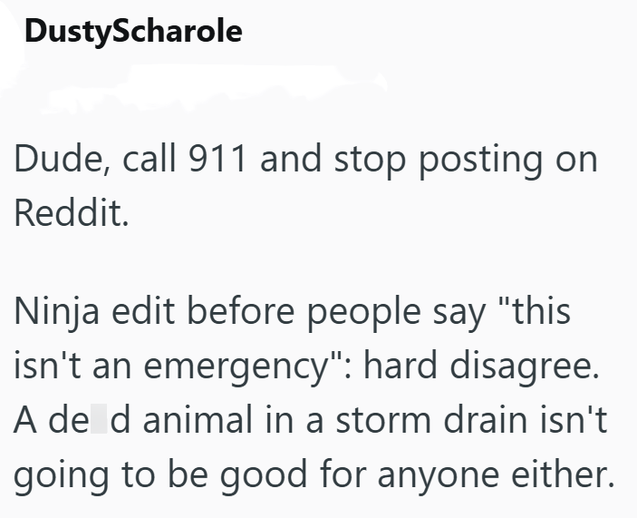 DustyScharole Dude, call 911 and stop posting on Reddit. Ninja edit before people say "this isn't an emergency": hard disagree. A de d animal in a storm drain isn't going to be good for anyone either.