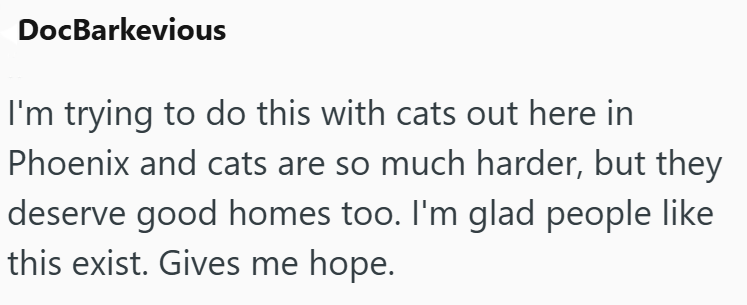 DocBarkevious I'm trying to do this with cats out here in Phoenix and cats are so much harder, but they deserve good homes too. I'm glad people like this exist. Gives me hope.