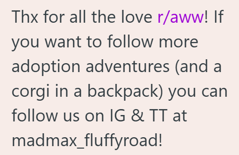 Thx for all the love r/aww! If you want to follow more adoption adventures (and a corgi in a backpack) you can follow us on IG & TT at madmax_fluffyroad!