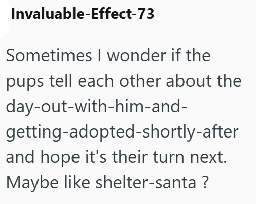Invaluable-Effect-73 Sometimes I wonder if the pups tell each other about the day-out-with-him-and- getting-adopted-shortly-after and hope it's their turn next. Maybe like shelter-santa ?