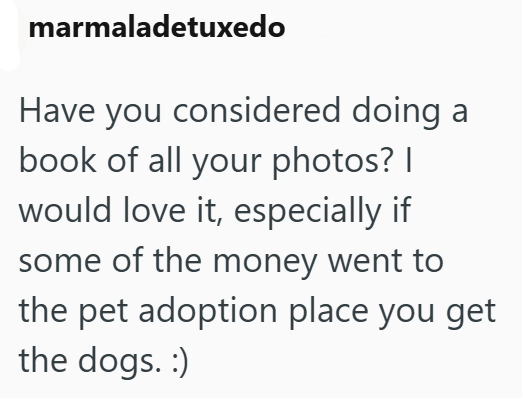 marmaladetuxedo Have you considered doing a book of all your photos? | would love it, especially if some of the money went to the pet adoption place you get the dogs. :)