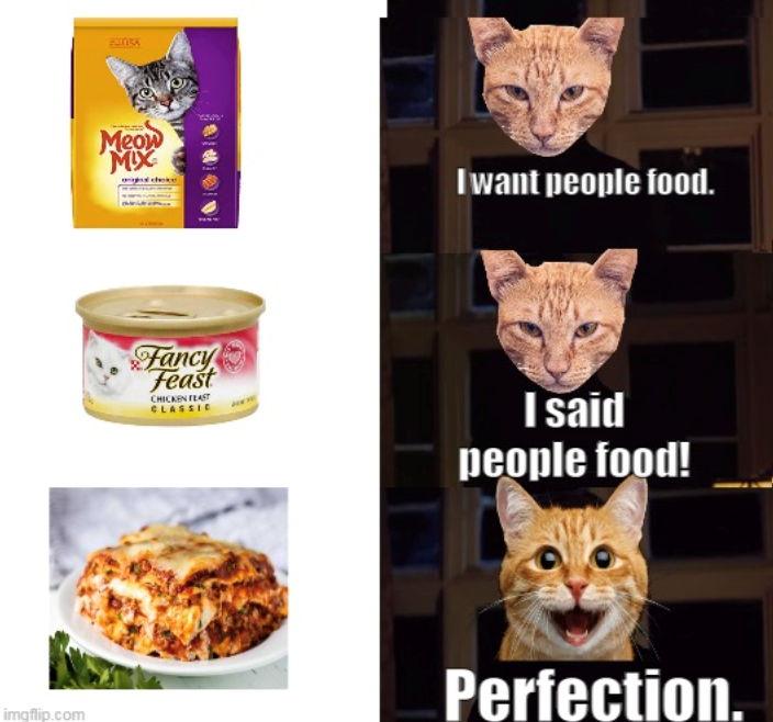 Meow MIX I want people food. Fancy Feast CHICKEN FEAST CLASSIC I said people food! imgflip.com Perfection.