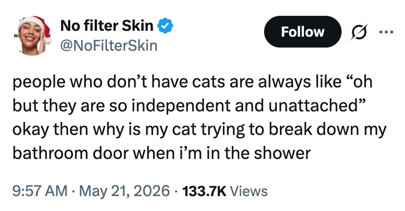 N No filter Skin @NoFilterSkin Follow ... people who don't have cats are always like "oh but they are so independent and unattached" okay then why is my cat trying to break down my bathroom door when i'm in the shower • . 9:57 AM May 21, 2026 133.7K Views