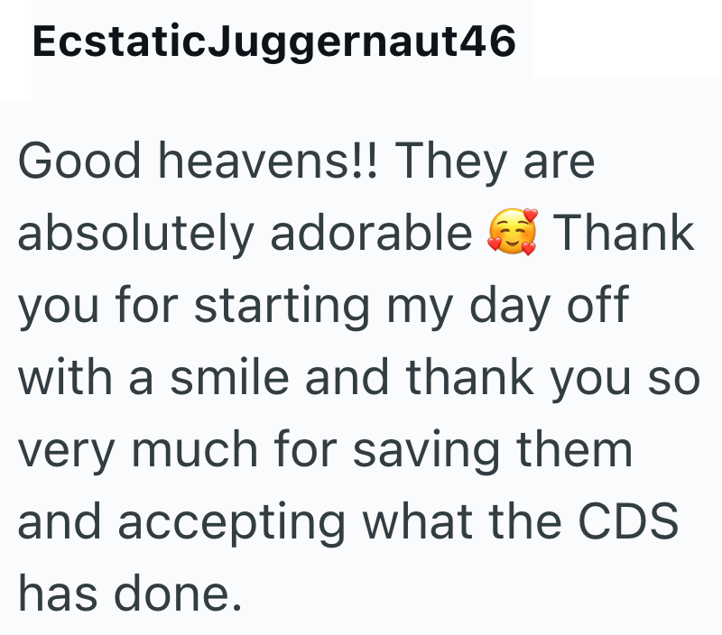 EcstaticJuggernaut46 Good heavens!! They are absolutely adorable Thank you for starting my day off with a smile and thank you so very much for saving them and accepting what the CDS. has done.